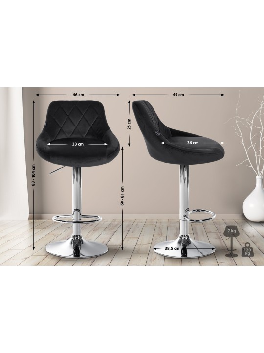 Barkruk Lazio fluweel chroom, zwart