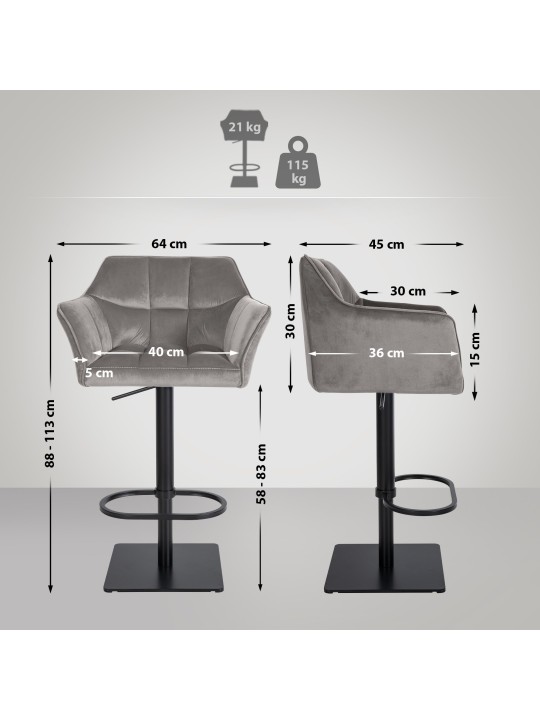 Barkruk Damaso B fluweel, grijs