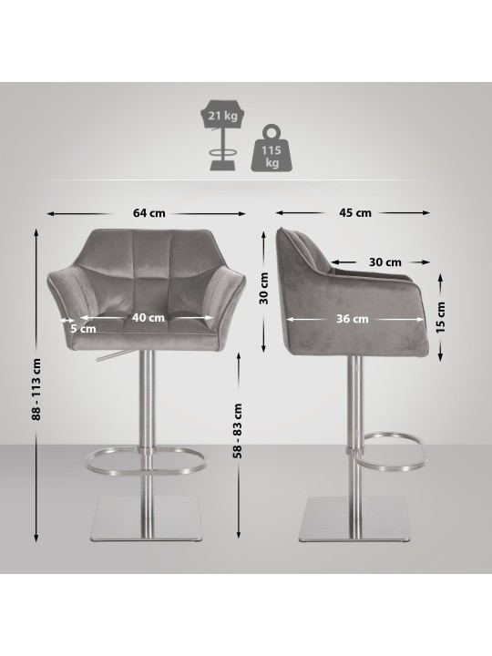 Barkruk Damaso E fluweel, grijs