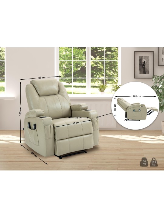 Hepler fauteuil met massagefunctie kunstleer, crème