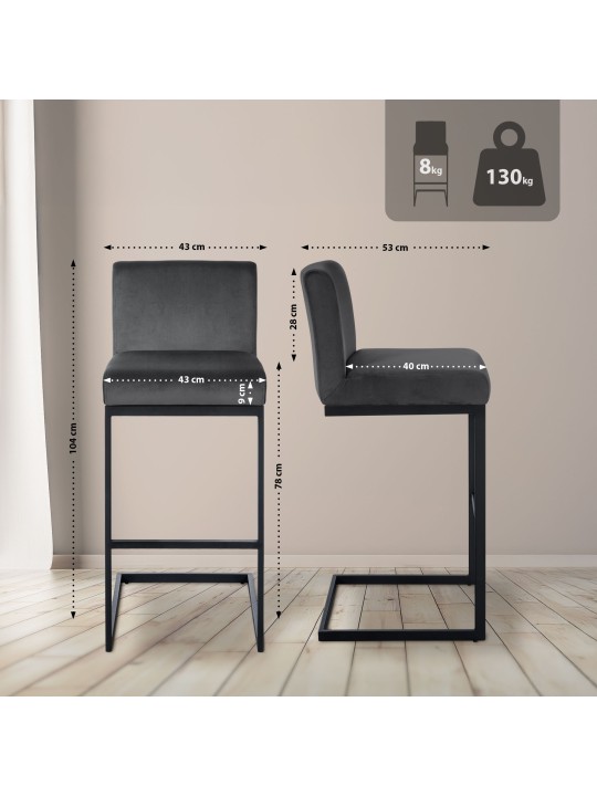 Barkruk Hopewell fluweel B, donkergrijs