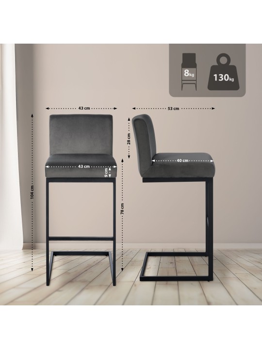 Barkruk Hopewell fluweel B, grijs