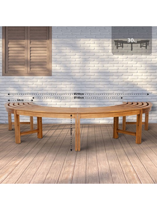 Boombank Heren 250 cm halfrond ZONDER rugleuning, teak