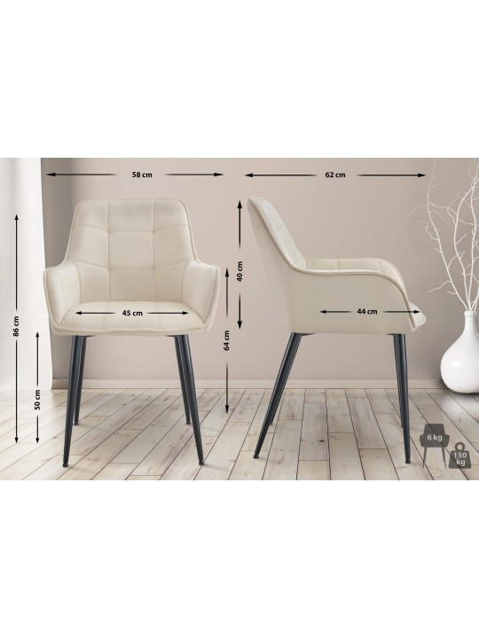 Set van 2 Ferndale fluwelen eetkamerstoelen, crème