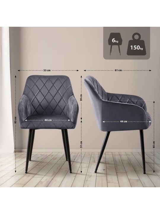 Set van 2 eetkamerstoelen Monett fluweel B, donkergrijs Set van 2 eetkamerstoelen Monett fluweel B, donkergrijs