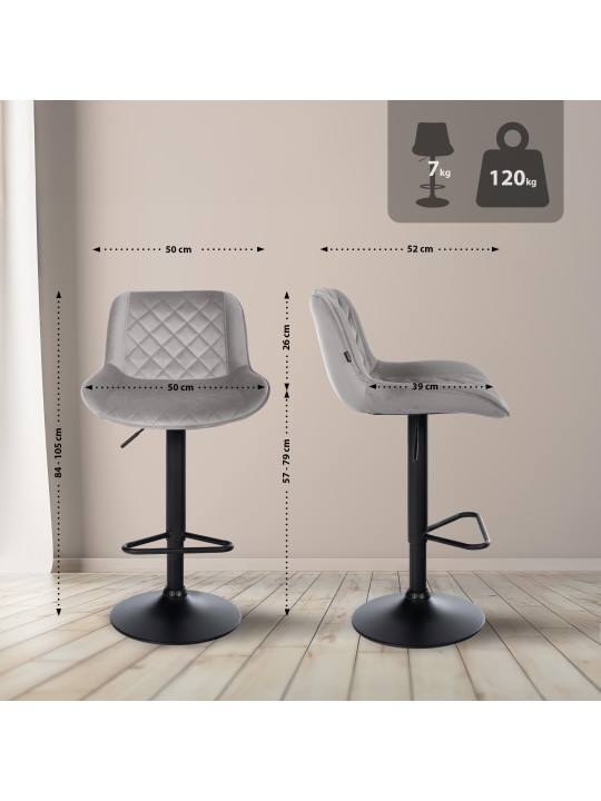 Set van 2 barkrukken Kasson fluweel, grijs Set van 2 barkrukken Kasson fluweel, grijs