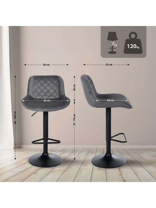 Set van 2 barkrukken Kasson fluweel, donkergrijs