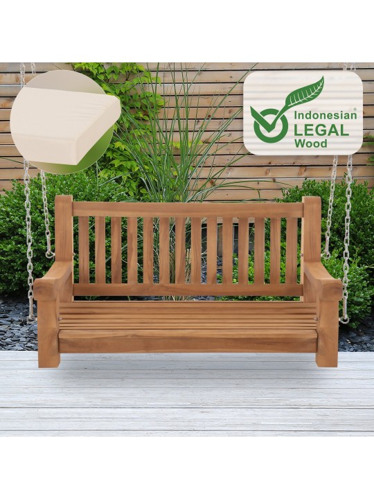 Joyce schommelbank met zitkussen 120 cm + teak, crème