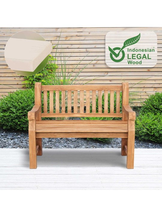 Teakhouten bank Jackson met zitkussen 120 cm + teakhout, crème