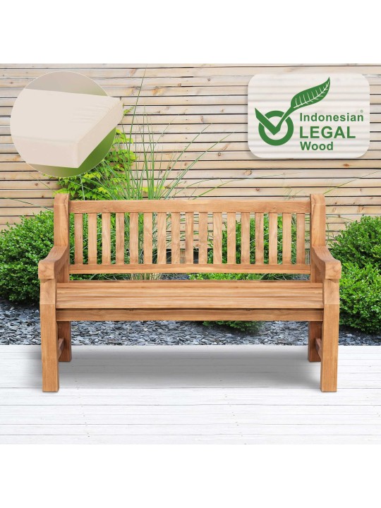 Teakhouten bank Jackson met zitkussen 150 cm + teakhout, crème