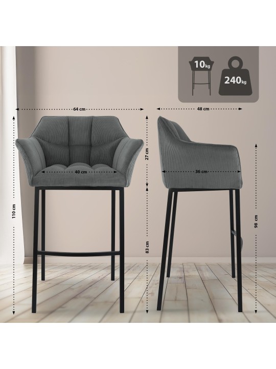 Barkruk Damaso B Cord met 4-poots frame, grijs