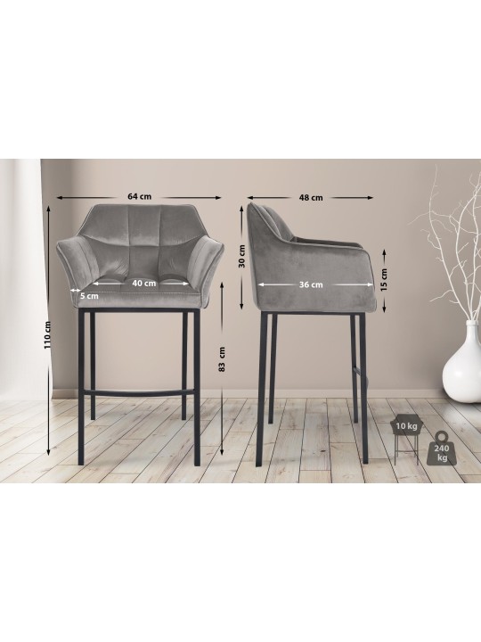 Barkruk Damaso B fluweel met 4-poots frame, grijs