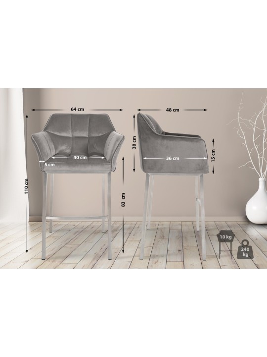 Barkruk Damaso E fluweel met 4-poots frame, grijs